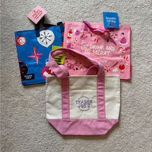 Set: 1 Trader Joe’s Pink & White Mini Tote Bag and 2 Holiday Gift Bags